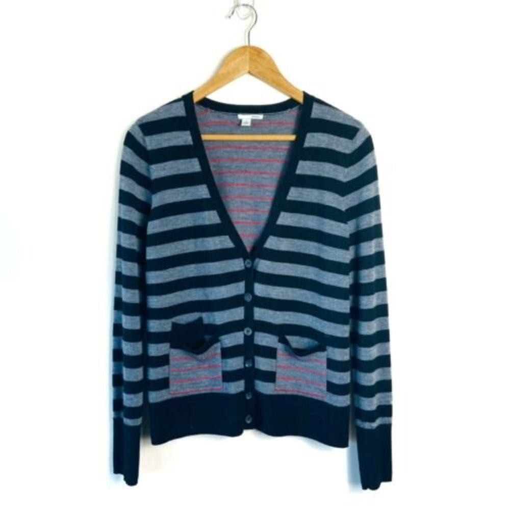 Halogen cardigan 100% merino wool women size M stripe button down pockets black
